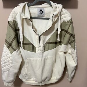 Urban Outfitters Off White and Green Plaid Quarter Zip Pullover Hoodie